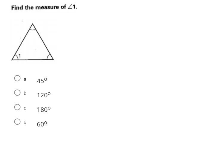 Find the measure of angle <1 A. 45 B. 120 C. 180 D. 60 Please help!!!-example-1