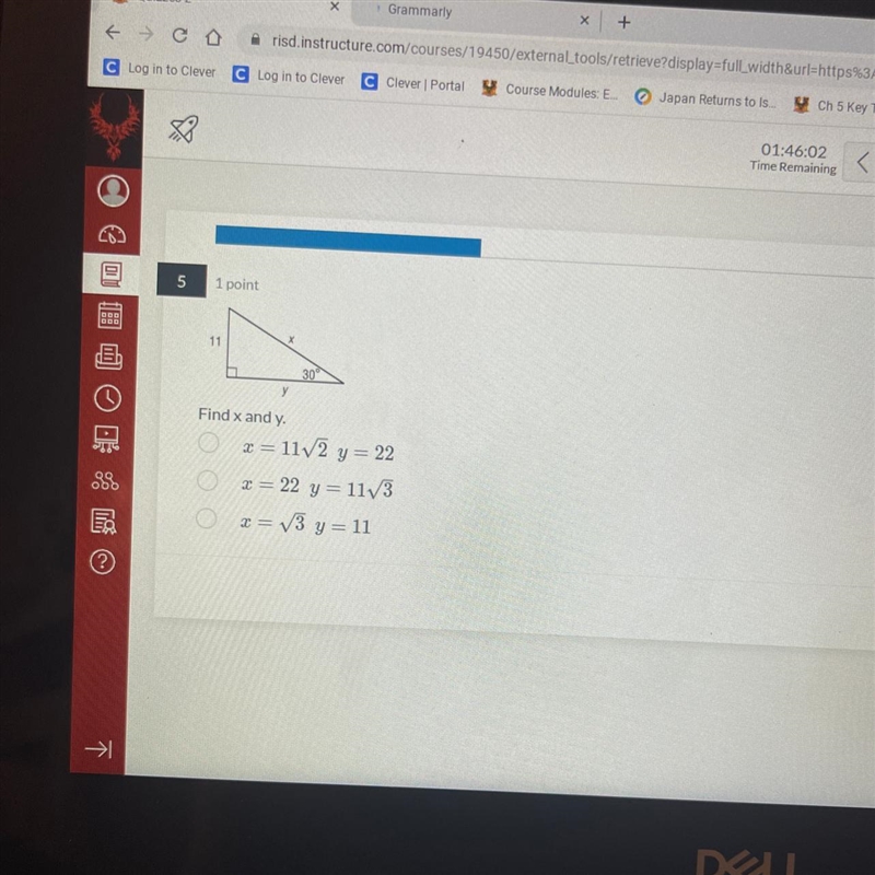 1 point 11 y Find x and y. DO 30° x=11√2 y = 22 x = 22 y=11√/3 x = √√√3 y = 11-example-1