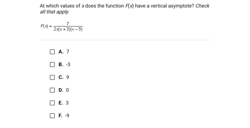 At which values of x does the function F(x) have a vertical asymptote? Check all that-example-1