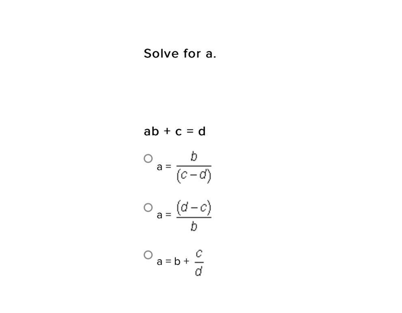 Solve for a. ab + c = d-example-1