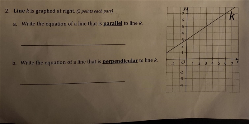 Line k is graphed at right. Write an equation of a line parallel to K Write an equation-example-1