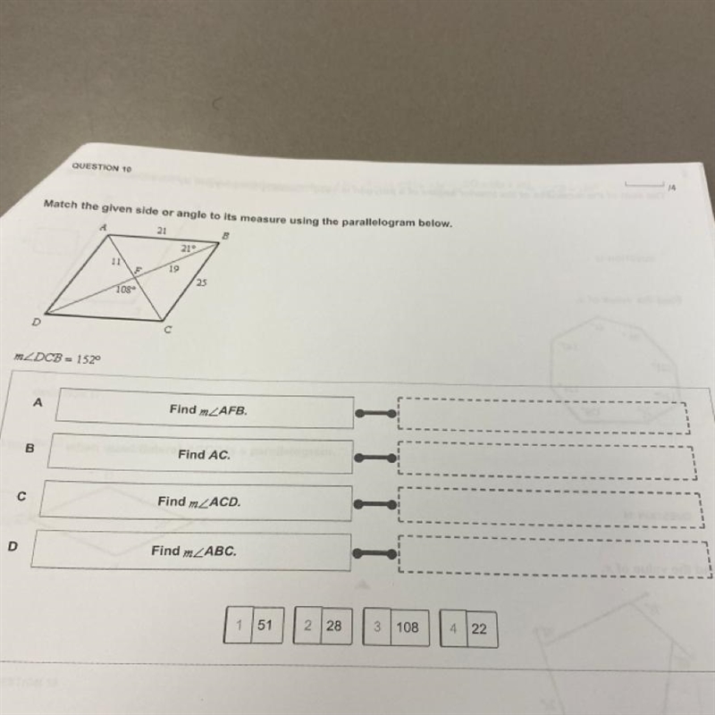 Match the given side or angle to its measure using the parallelogram below.-example-1