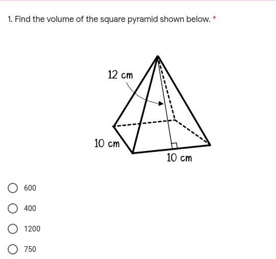 Find the volume of the square pyramid shown below.-example-1