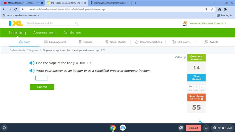 Find the slope of the line y=10x+3.-example-1