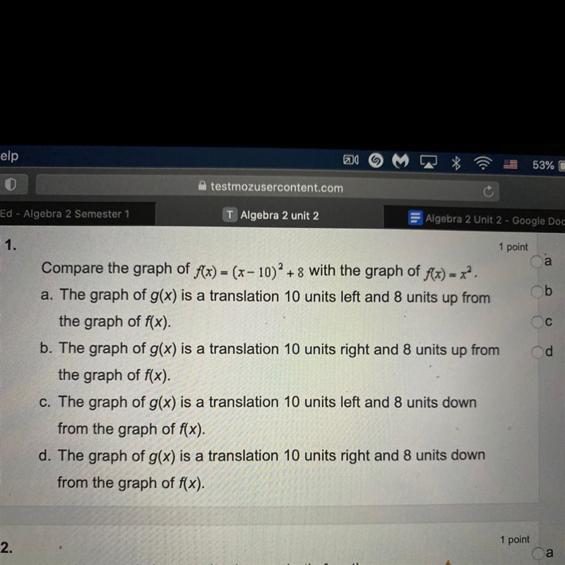 Compare the graphs f(x)=(x-10)^2+8 with the graph of f(x)=x^2 Yea-example-1