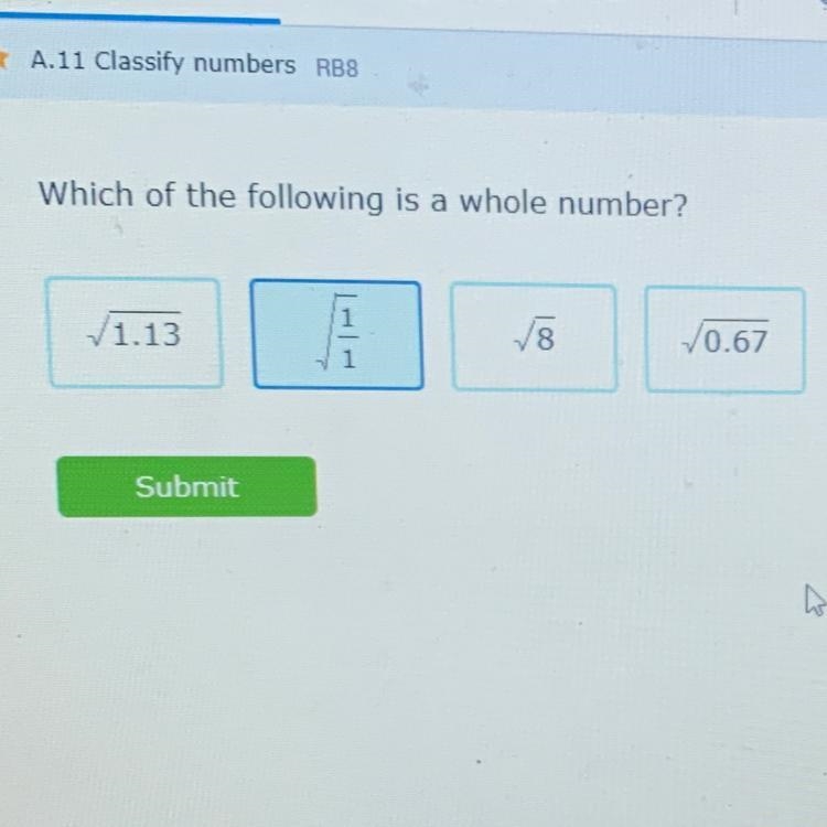 Which of the following is a whole number? 1.13 | 00 √0.67-example-1