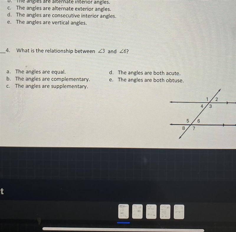 What is the relationship between angle 3 and angle 6 A,B,C, or D?-example-1