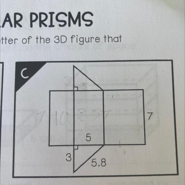 Solve the 3D figure Rectangle is A=BH Triangle is A=1/2BH-example-1