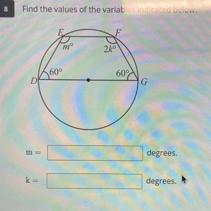 Find the values of the variables indicated below M= K=-example-1