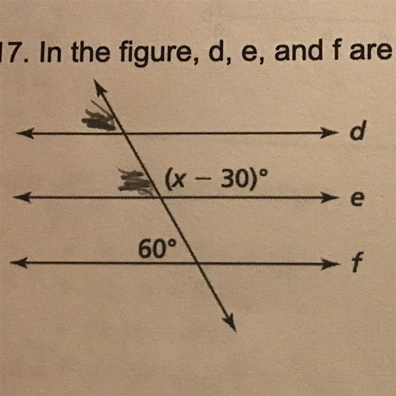 In the figure, d, e, and f, are parallel lines. What is the value of x?-example-1