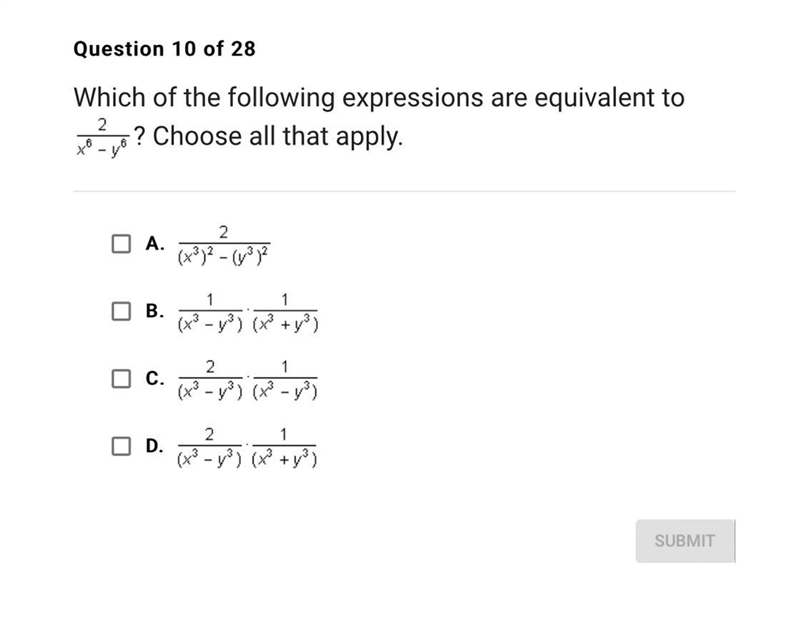 Question 10 of 28 Which of the following expressions are equivalent to 2. ? Choose-example-1