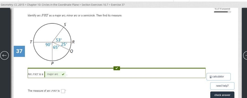 Find the answer to the questionfind the measure of arc prt-example-2