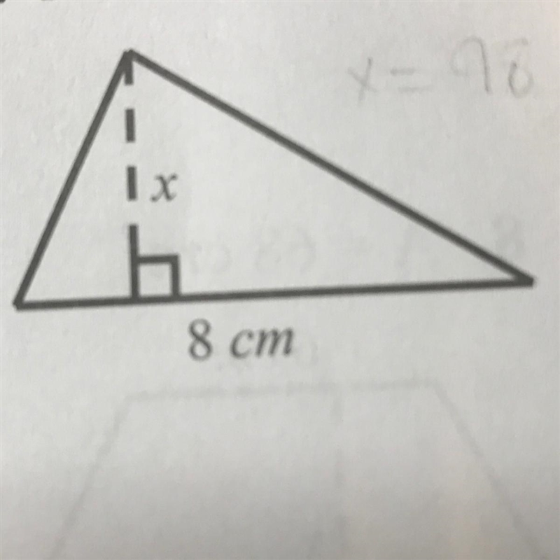 Area = 28 cm squared Base = 8 cm Solve for height--example-1