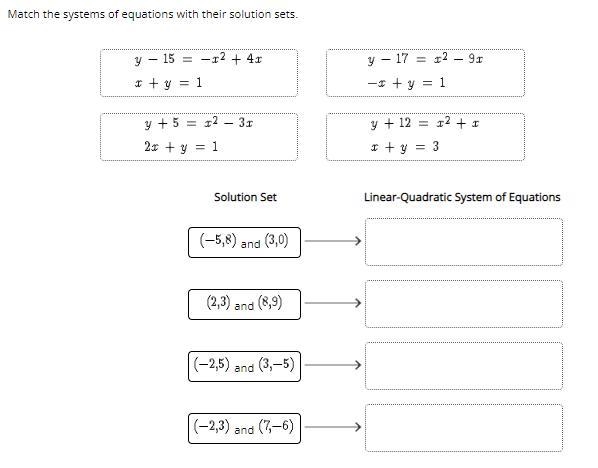 Match the systems of equations with their solution sets.-example-1