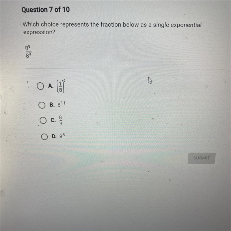 Which choice represents the fraction below as a single exponential expression? 88 O-example-1