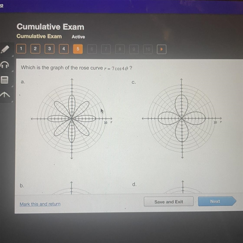 Which is the graph of the rose curve r = 7cos4theta?-example-1