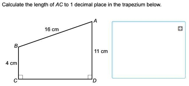 Calculate the lenth of AC to 1 decimal place in the trapezium below.-example-1