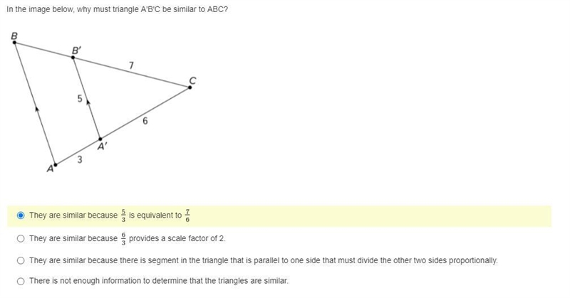 In the image below, why must triangle A'B'C be similar to ABC? (Don't mind the chosen-example-1