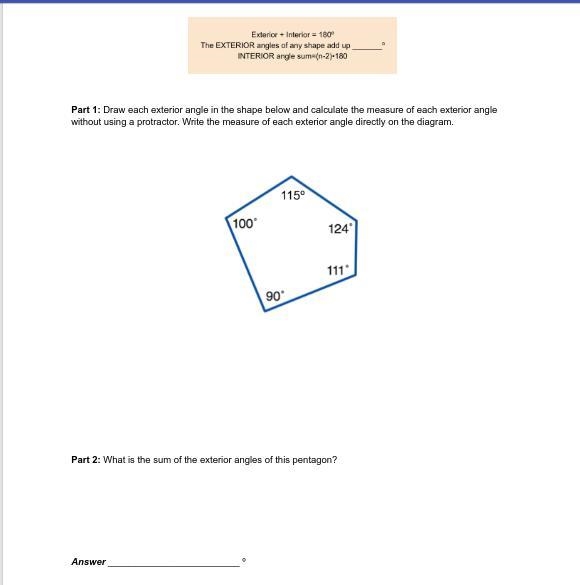 Part A: Write the measure of each exterior angle directly on the diagram. part b:What-example-1