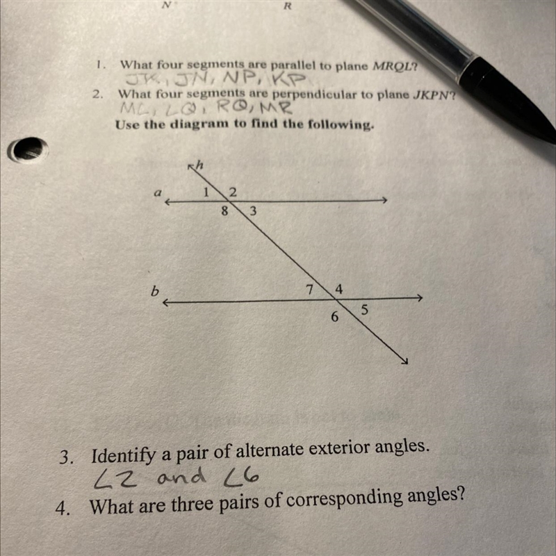 What are three pairs of corresponding angles?-example-1