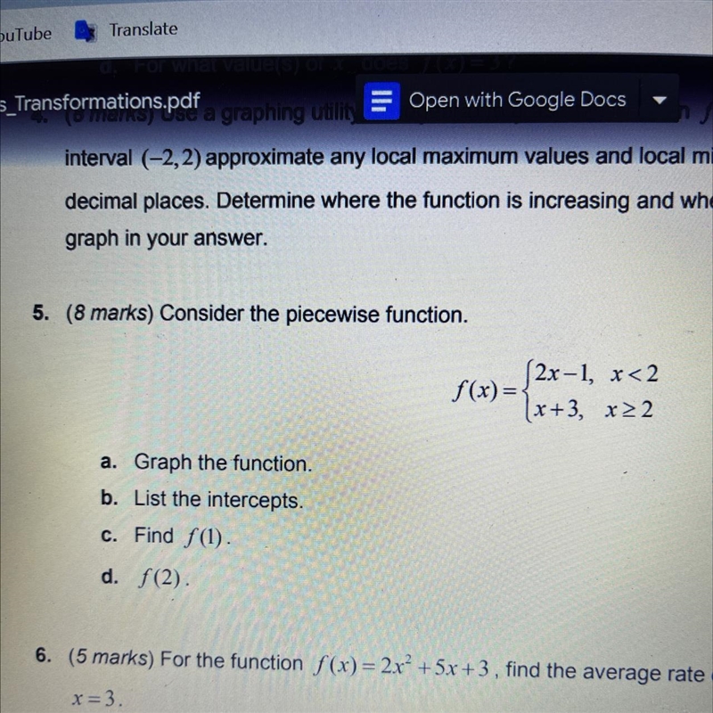 5.Consider the piecewise function A graph the functionB list the interceptsC find-example-1