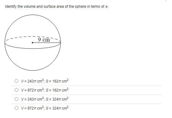 Identify the volume of the sphere in terms of π. Please help & show your work-example-2