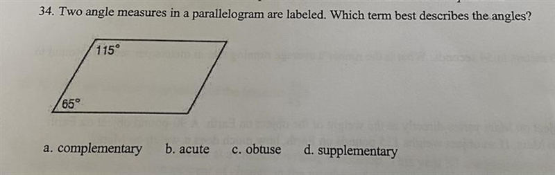 Two angle measures in a parallelogram are labeled. Which term best describes the angles-example-1