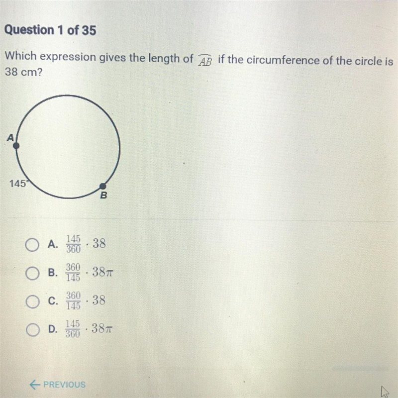 Which expression gives the length of AB if the circumference of the circle is38 cm-example-1