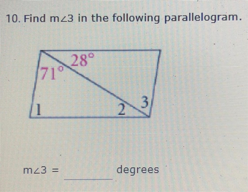 Please help! Find m<3 in the following parallelogram.-example-1