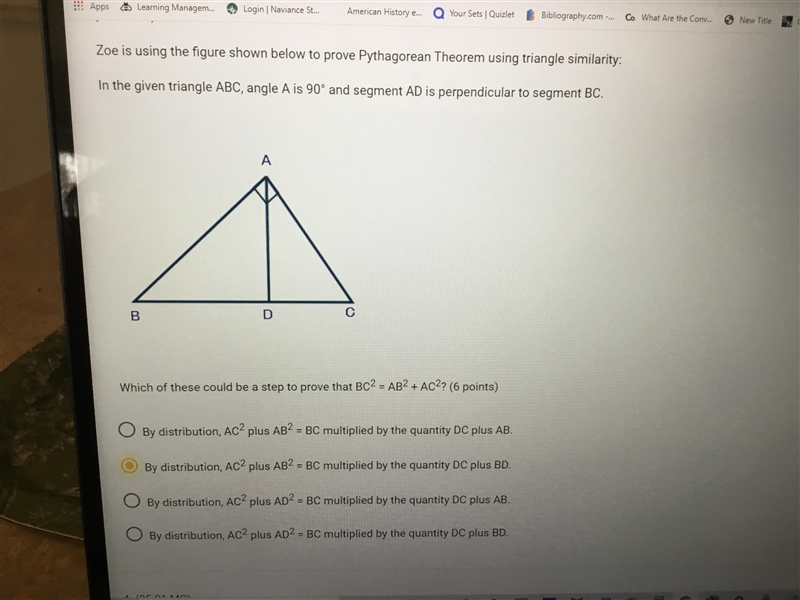 Which of these could be a step to prove that BC^2 = AB^2 + AC ^2-example-1