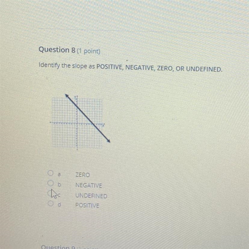 Question 8 (1 point) Identify the slope as POSITIVE, NEGATIVE, ZERO, OR UNDEFINED-example-1