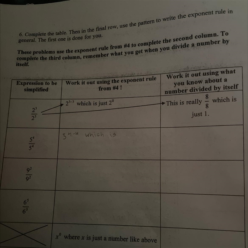 6. Complete the table. Then in the final row, use the pattern to write the exponent-example-1