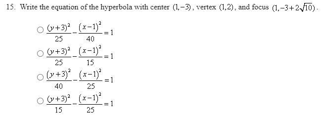 Write the equation of the hyperbola with center (1,-3), vertex (1,2), and focus (1,-3+2sqrt-example-1