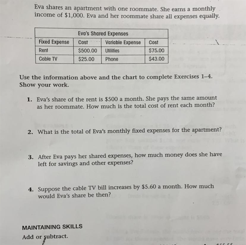 After Eva pays her shared expenses, how much money does she have left for savings-example-1