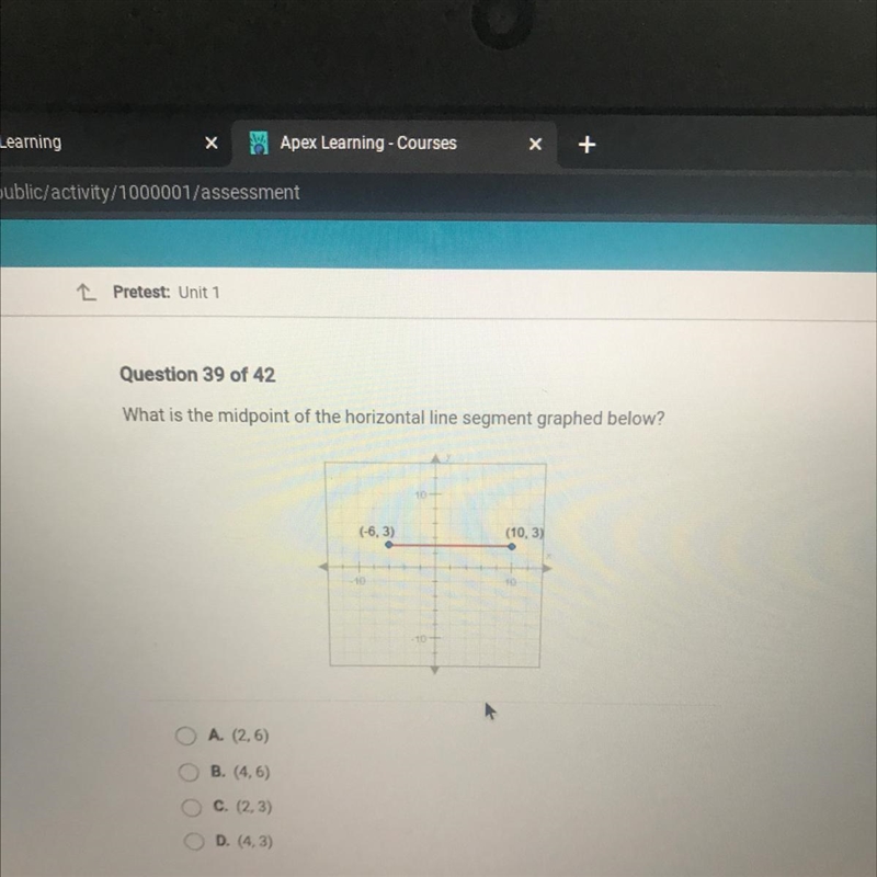 What is the midpoint of the horizontal line segment graphed below?10(-6,3)(10,3)10A-example-1