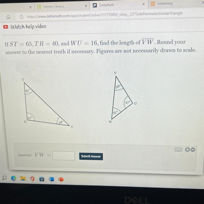 If ST = 65, TR= 40, and WU = 16, find the length of VW. Round your answer to the nearest-example-1