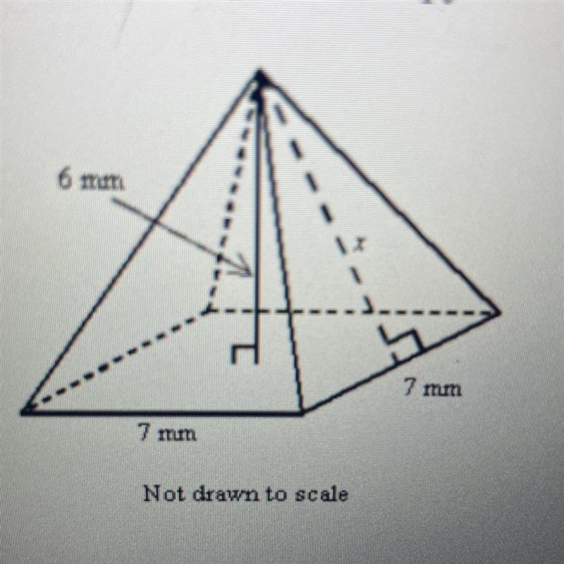 Find the slant height x of the pyramid shown, to the nearest tenth. 6mm 7mm 7mm Options-example-1