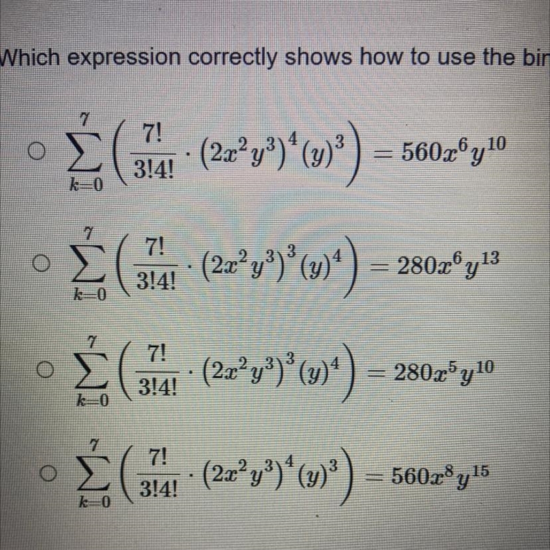 Which expression correctly shows how to use the binomial theorem to determine the-example-1