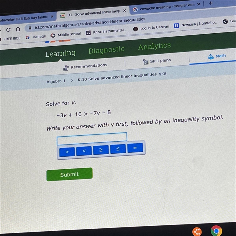 Solve for v.-3v + 16 > -7V - 8Write your answer with v first, followed by an inequality-example-1