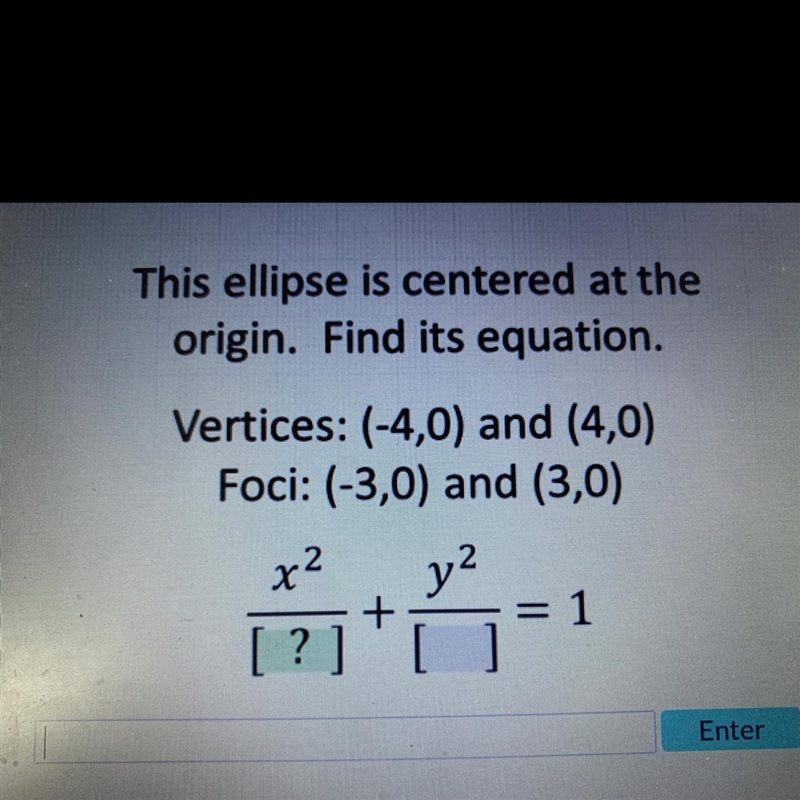 This ellipse is centered at theorigin. Find its equation.Vertices: (-4,0) and (4,0)Foci-example-1