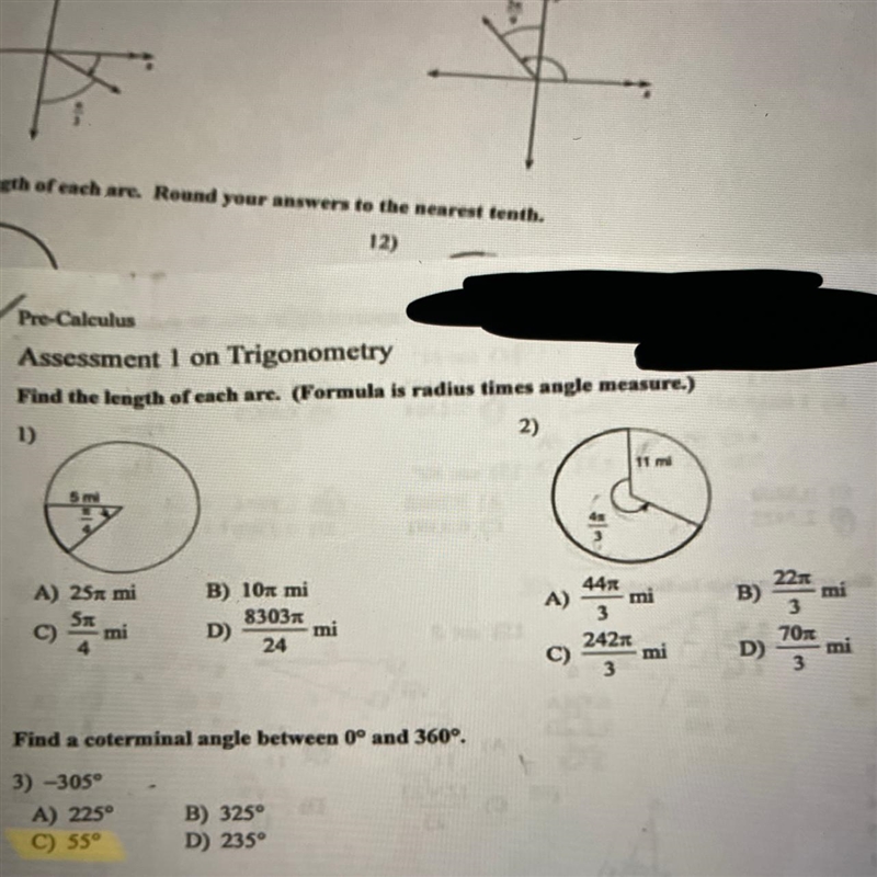 Numbers in the circles if it’s blurry: 1) 5mi π/4 2) 11mi 4π/3-example-1