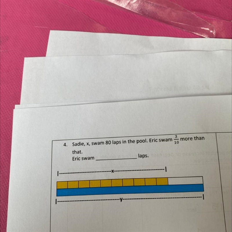 Sadie, x, swam 80 laps in the pool. Eric swam 3/10 more than that. Eric swam____laps-example-1