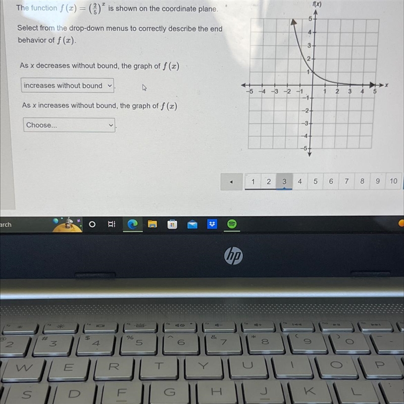 The function ƒ (x) = (?)* is shown on the coordinate plane. Select the drop-down menus-example-1