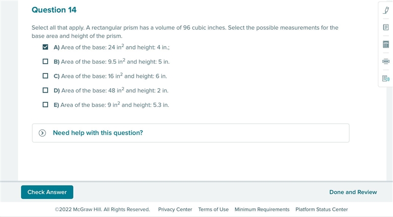 50 points! Select all that apply. A rectangular prism has a volume of 96 cubic inches-example-1