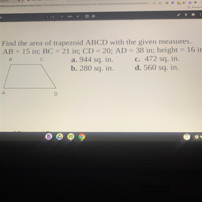 Find the area of a trapezoid ABCD with the given measures-example-1