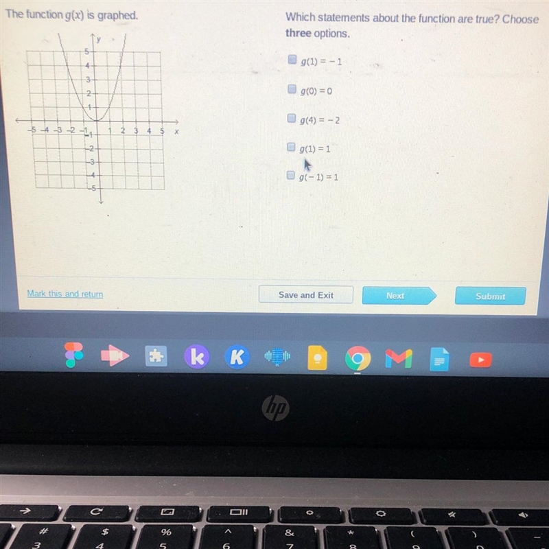 The function g(x) is graphed. to 4 34 24 1 -3+ Mark this and retum 2 Which statements-example-1