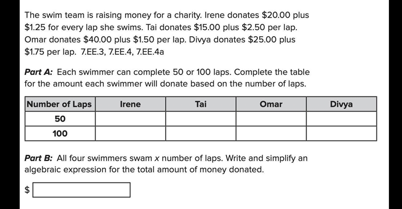 The swim team is raising money for a charity. Irene donates $20.00 plus $1.25 for-example-1