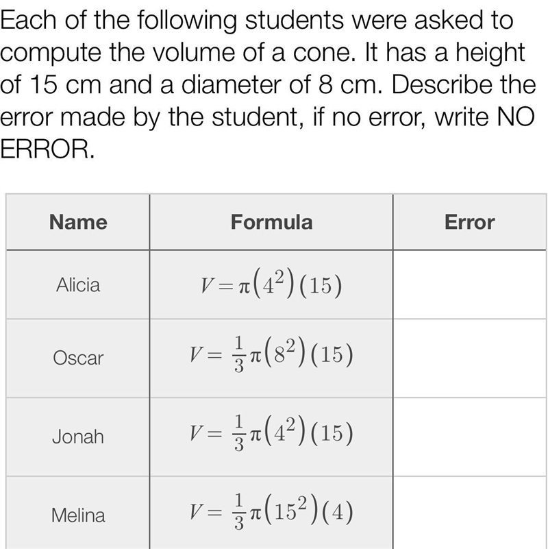 Each of the following students were asked tocompute the volume of a cone. It has a-example-1