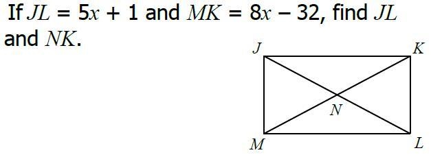 Plssssss helpp :'Dd If JL = 5x + 1 and MK = 8x - 32, find JL and NK. JL = NK =-example-1