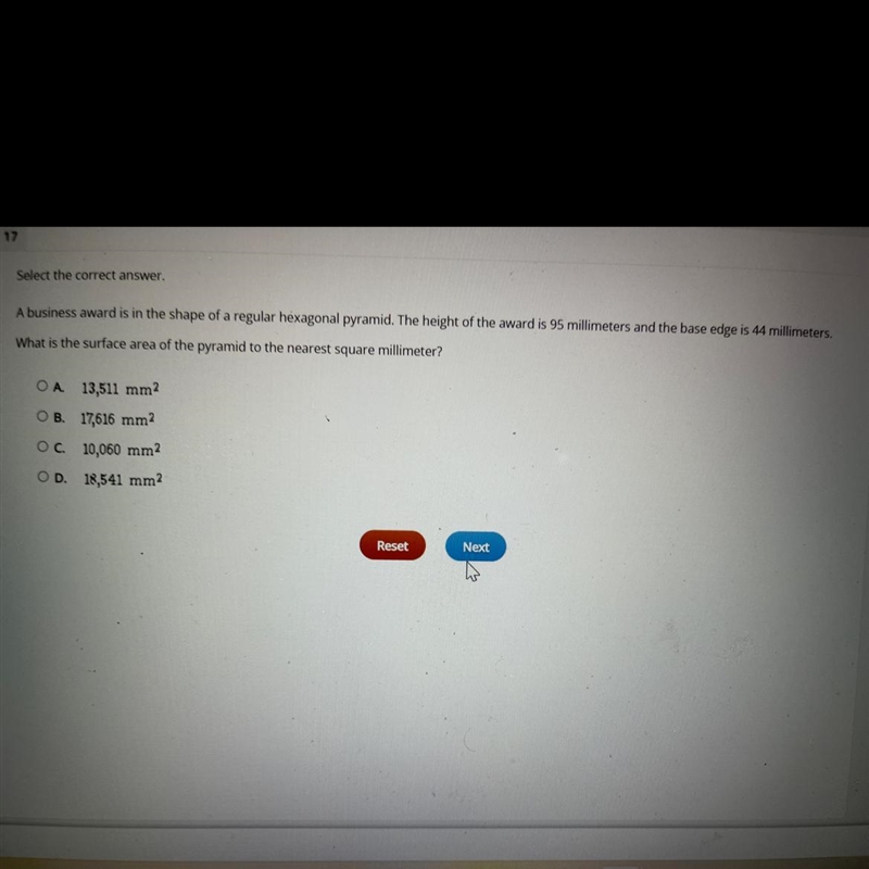 Select the correct answer.A business award is in the shape of a regular hexagonal-example-1